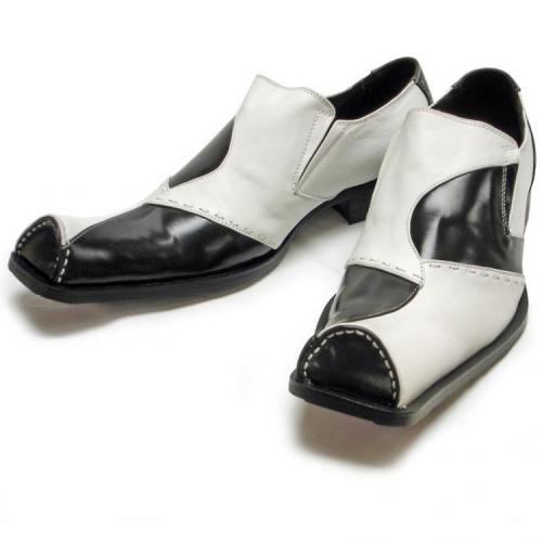 Fiesso Black /White Half Circle Toe Leather Loafer Shoes FI6381